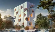 Modern architectural visualization of a contemporary residential building with artistic facade design and photorealistic exterior rendering.