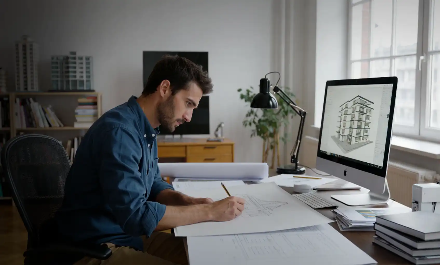 Architect working on a full architectural design project with technical drawings, 3D modeling, and modern building visualization.