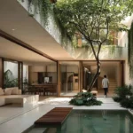 Biophilic interior design with courtyard pool, indoor greenery, open living space and natural light.