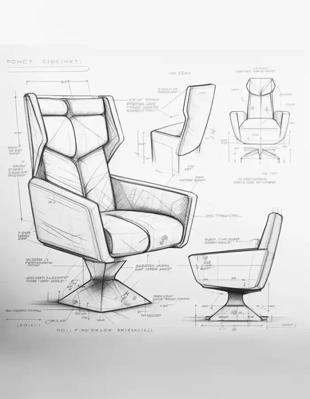 Product design sketch of a modern ergonomic chair showing multiple perspectives and detailed measurements