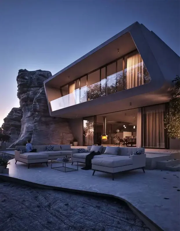 Unreal Engine rendering of a modern villa exterior with realistic lighting, glass facade, outdoor lounge, and natural rock landscape